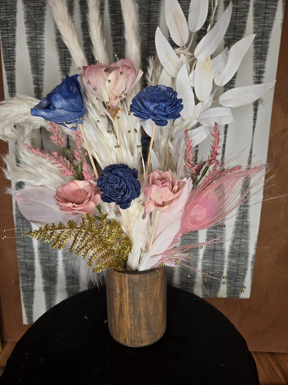 Navy Blue & Blush Pink Sola Wood Flower Arrangement with Feathers + Wood Vase